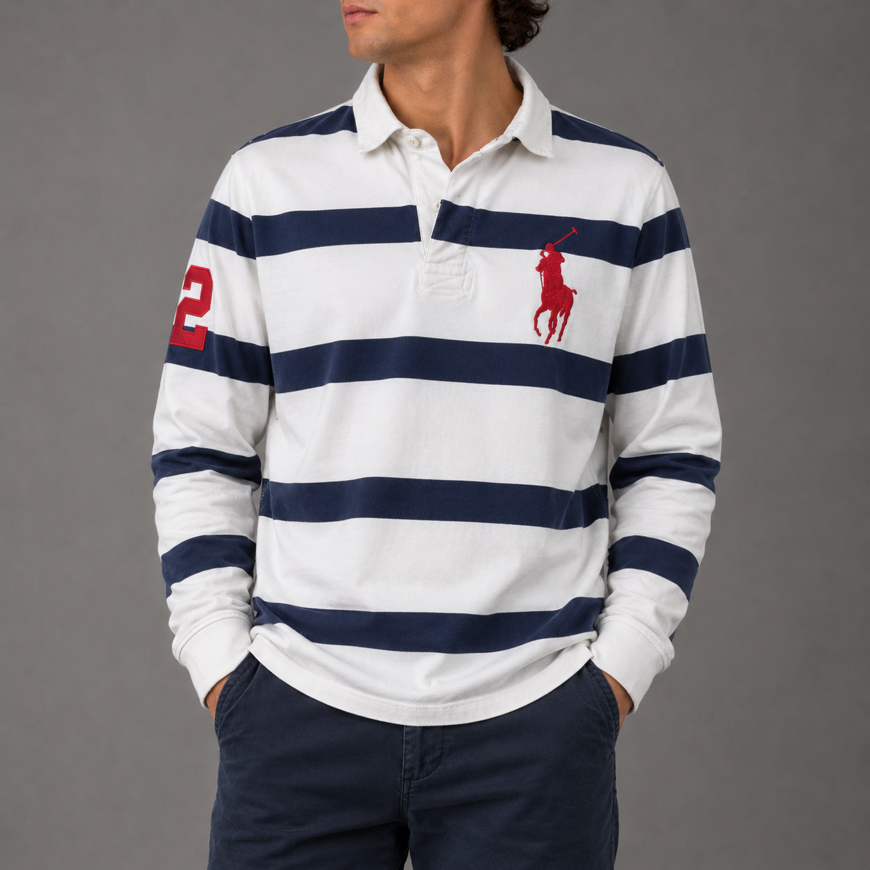 Ralph Lauren Rugby Polo Men's M White Blue Stripe Large Pony Red
