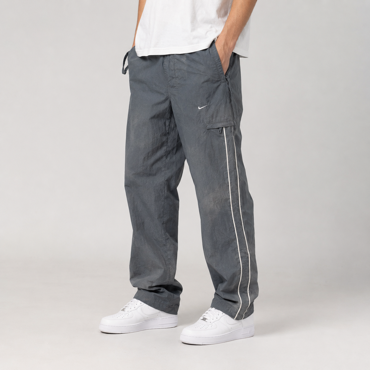Vintage Y2K Nike Cargo Track Pants Men's XL Grey White Piping Swoosh Baggy Joggers