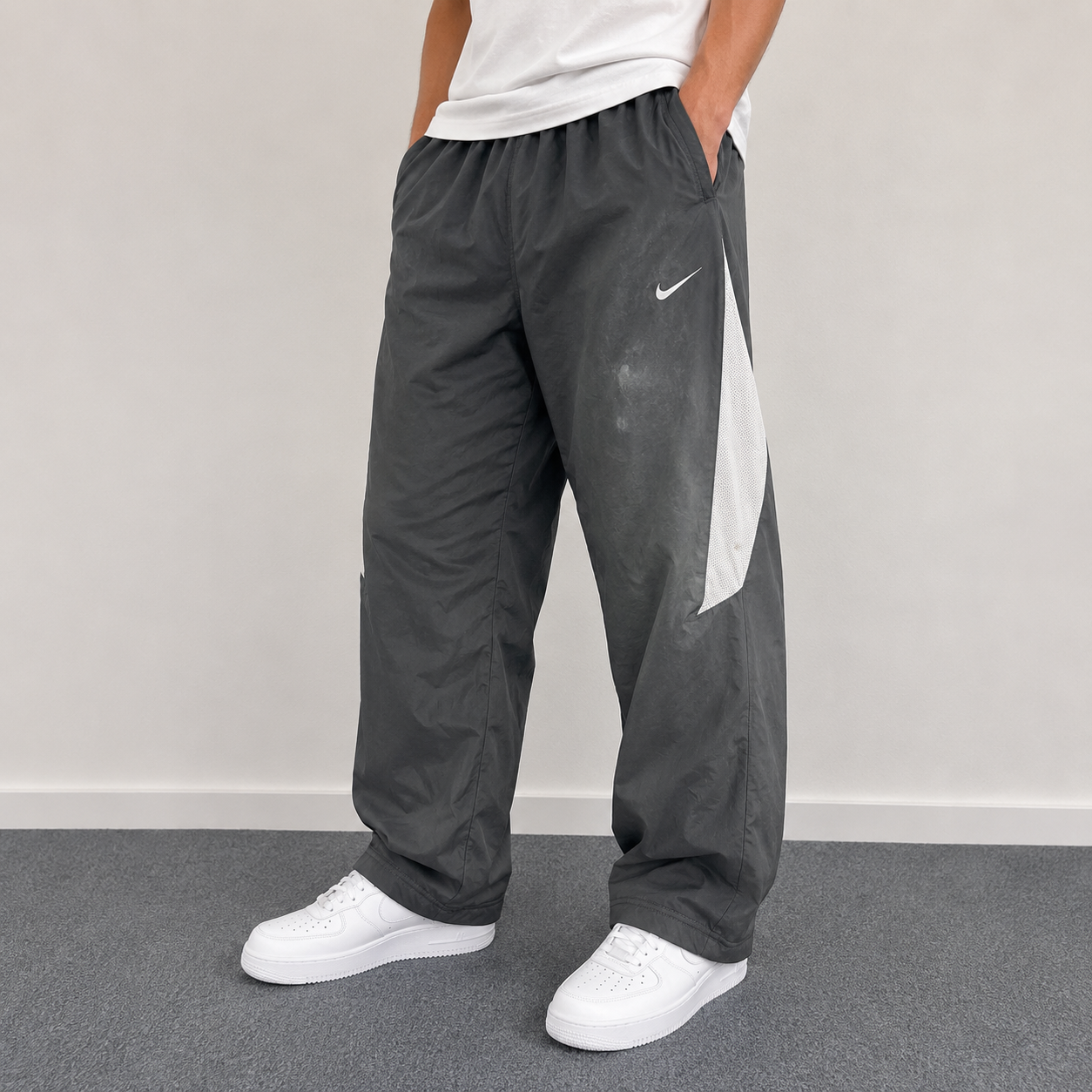 Nike Track Pants Men's L Grey White Panels Swoosh Baggy Joggers