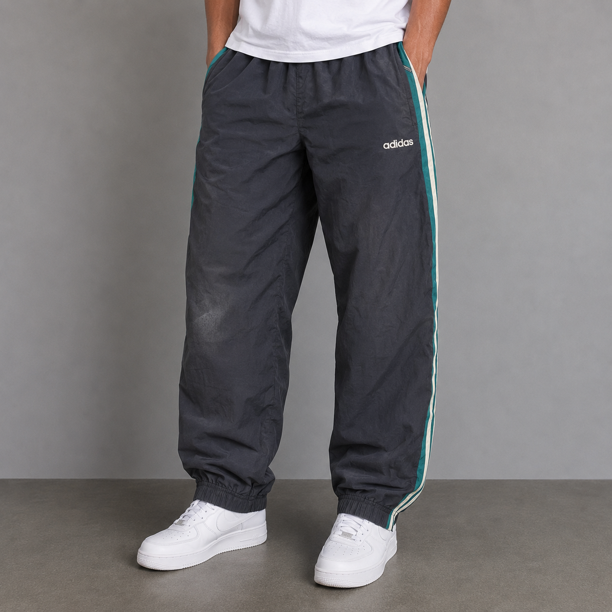 Vintage Y2K Adidas Track Pants Men's L Black Green White 3 Stripe Joggers Straight Leg