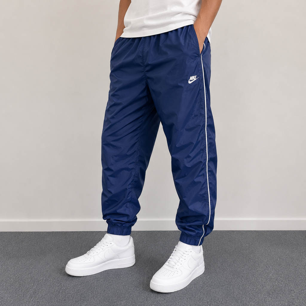 Nike Track Pants Men's M Navy Blue White Piping Swoosh Cuffed Joggers