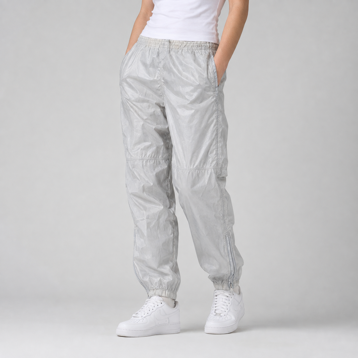 Vintage 90's Nike Track Pants Men's XL Double Grey Parachute w Ankle Zip Tapered