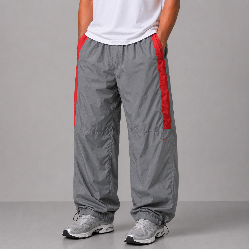 Vintage Y2K Nike Track Pants Men's XL Grey Red Panel Swoosh Joggers Bungee Ankle