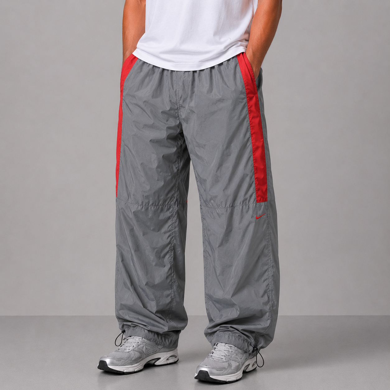 Vintage Y2K Nike Track Pants Men's XL Grey Red Panel Swoosh Joggers Bungee Ankle