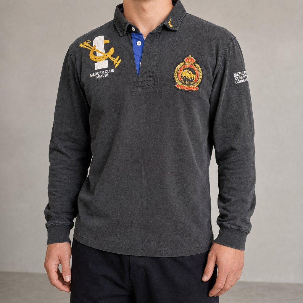 Vintage 90's Ralph Lauren Rugby Polo Men's XL Black Winter Cup Embroidered Patch Collared