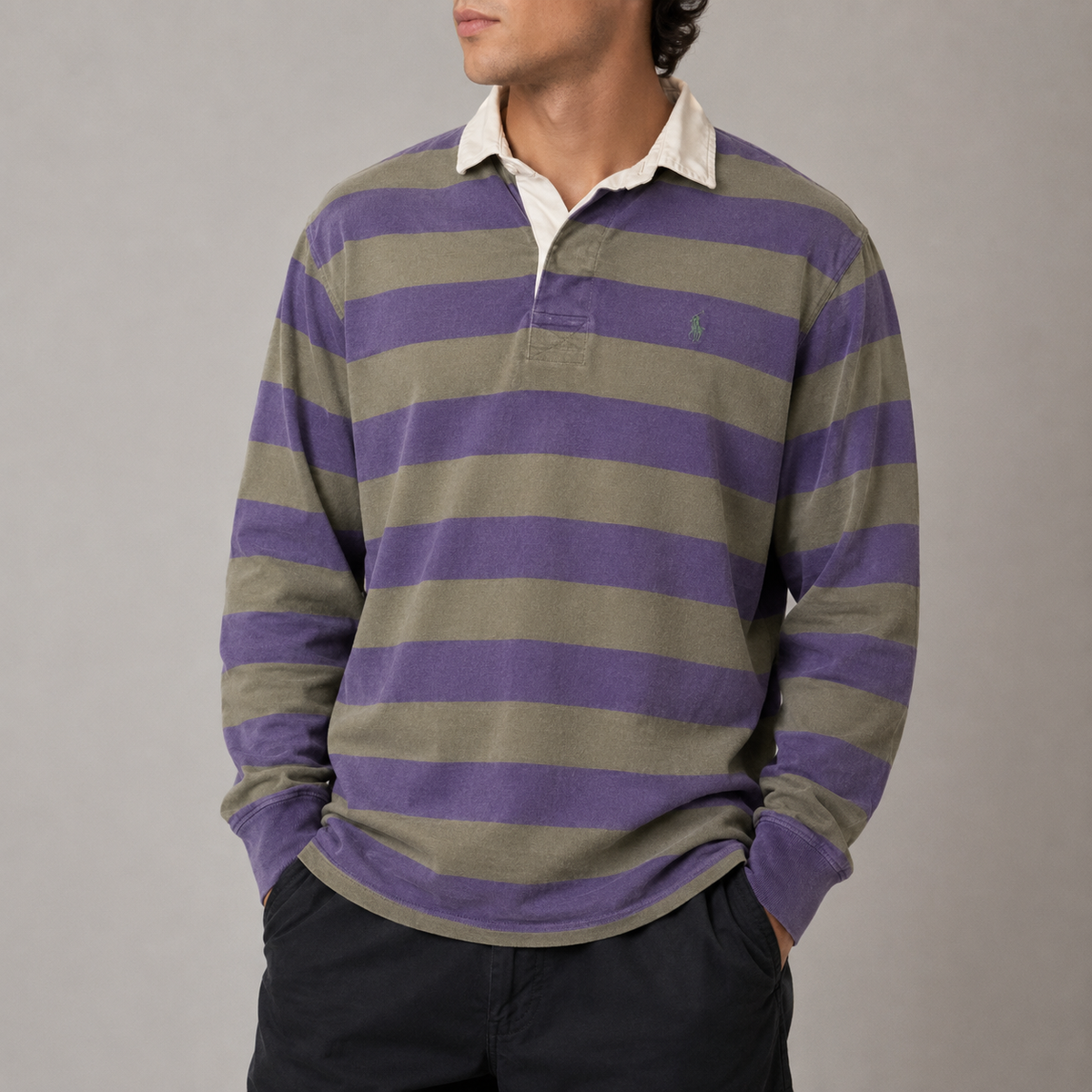 Vintage 90's Ralph Lauren Rugby Polo Men's M Purple Green Stripe Small Pony Jersey