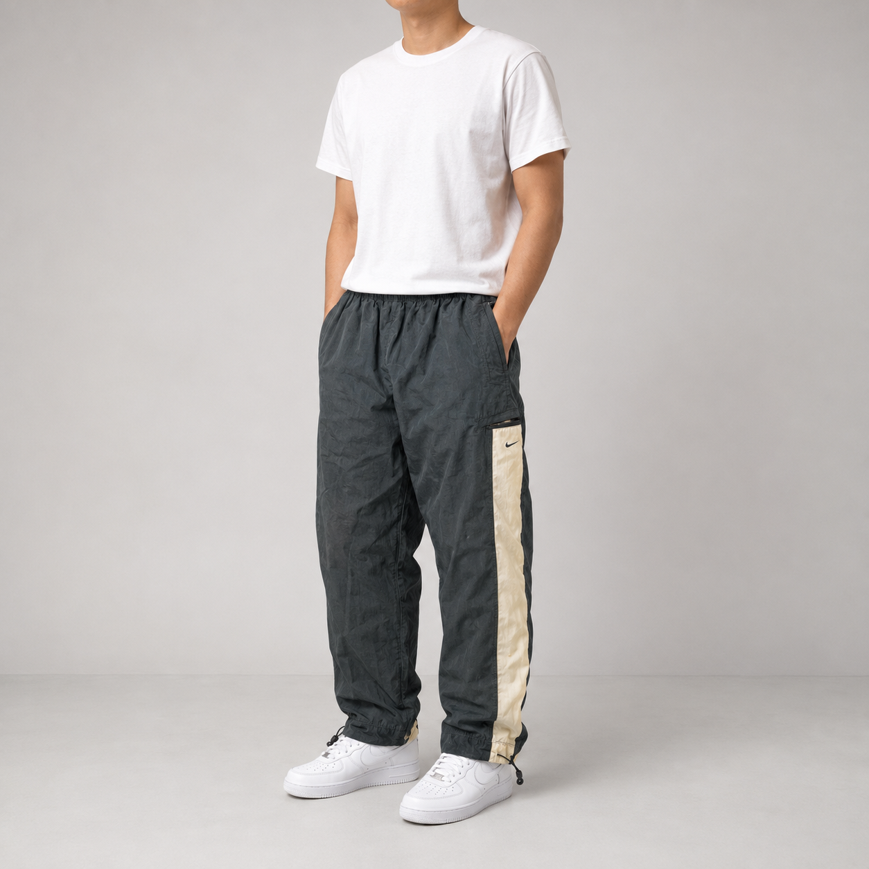 Vintage Y2K Nike Cargo Track Pants Size M Black Grey Cream Bungee Tabs Wide Leg
