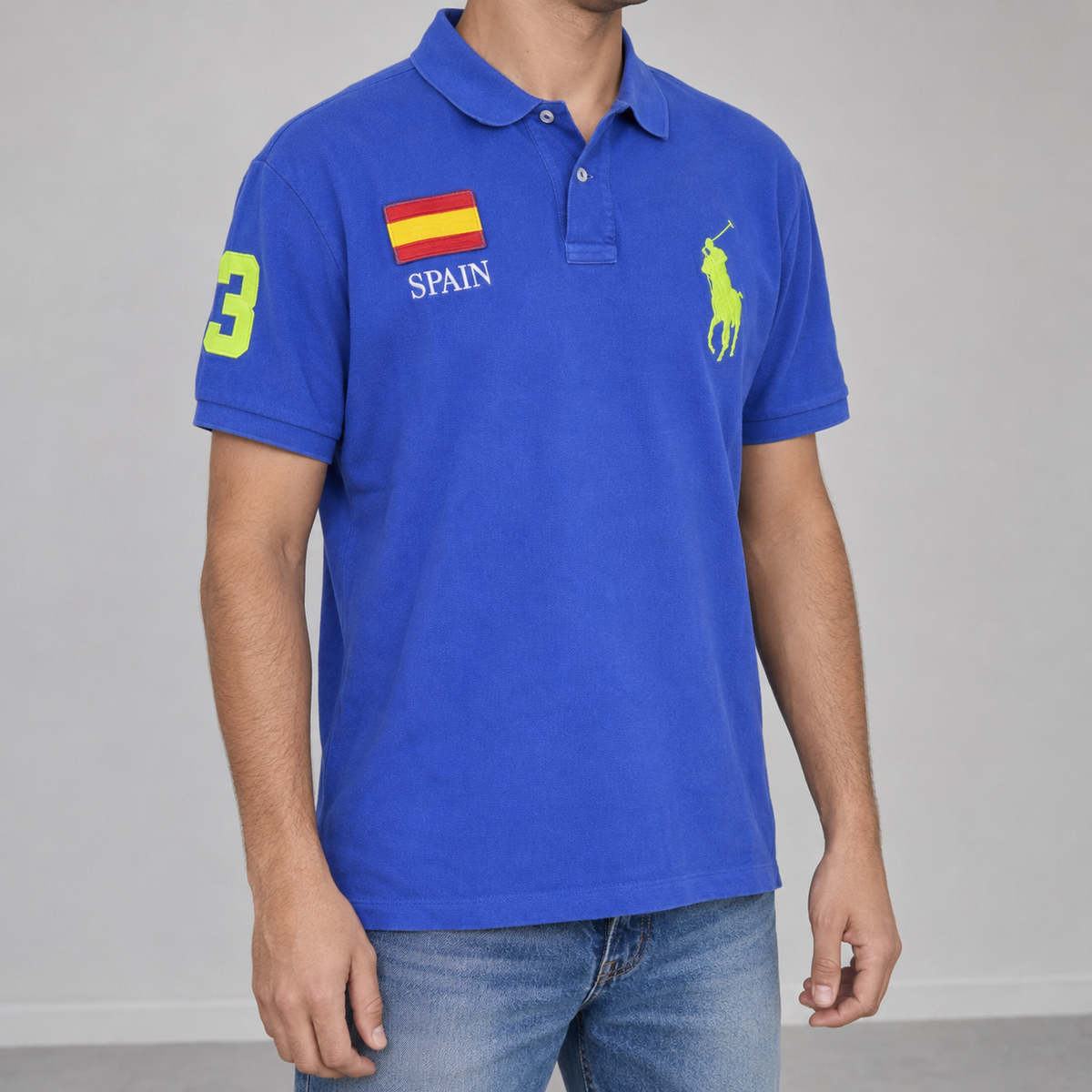 Vintage 90's Polo Ralph Lauren Polo Men's L Blue Team Spain Fluro Large Pony Collared