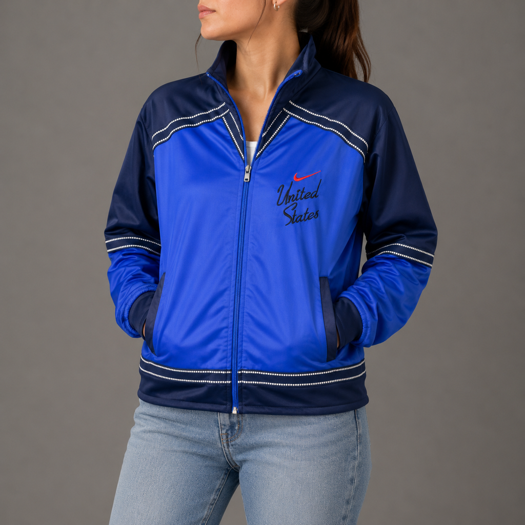 Vintage 80s Nike Jacket Womens S Blue Red USA Embroidered Mock Full Zip Satin Finish