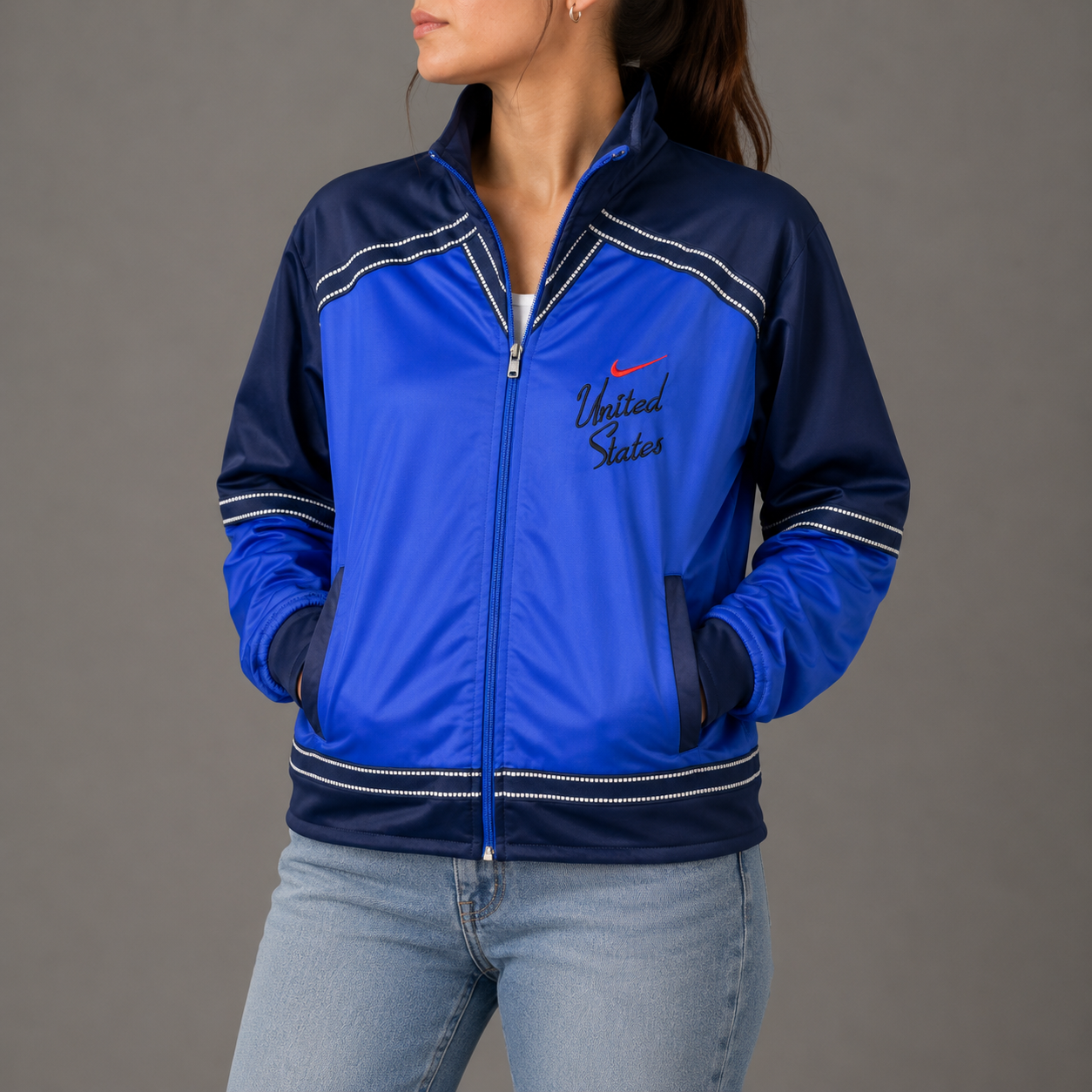 Vintage 80s Nike Jacket Womens S Blue Red USA Embroidered Mock Full Zip Satin Finish