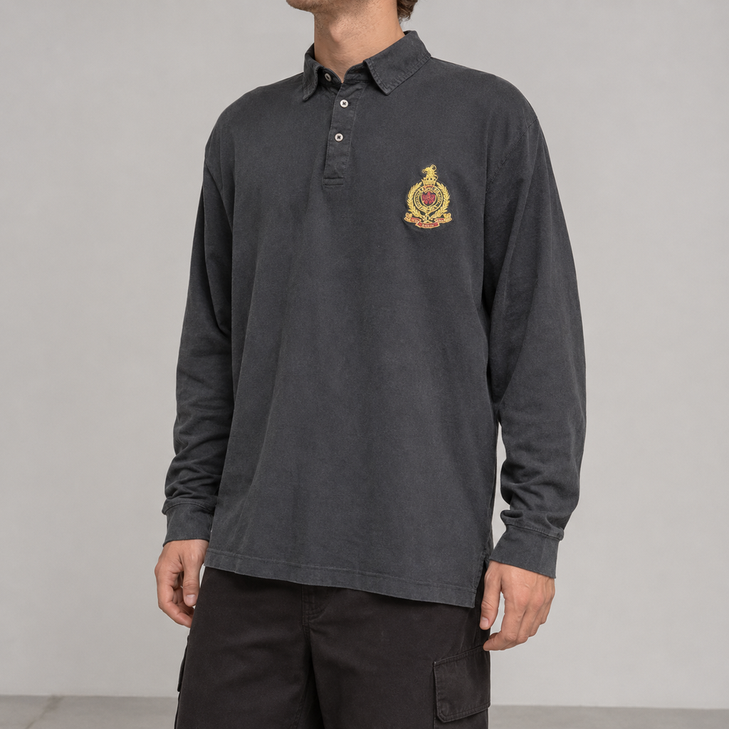 Vintage 90's Polo Ralph Lauren Polo Men's L Black Badge Logo Long Sleeve