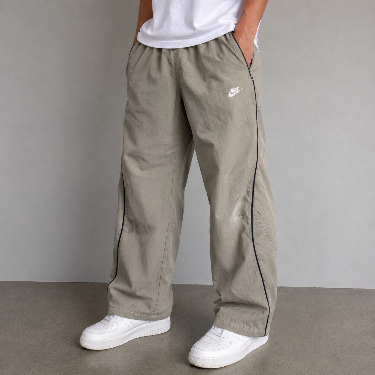 Vintage Y2K Nike Track Pants Men’s L Green Black Piping White Logo Wide Leg Ankle Zip