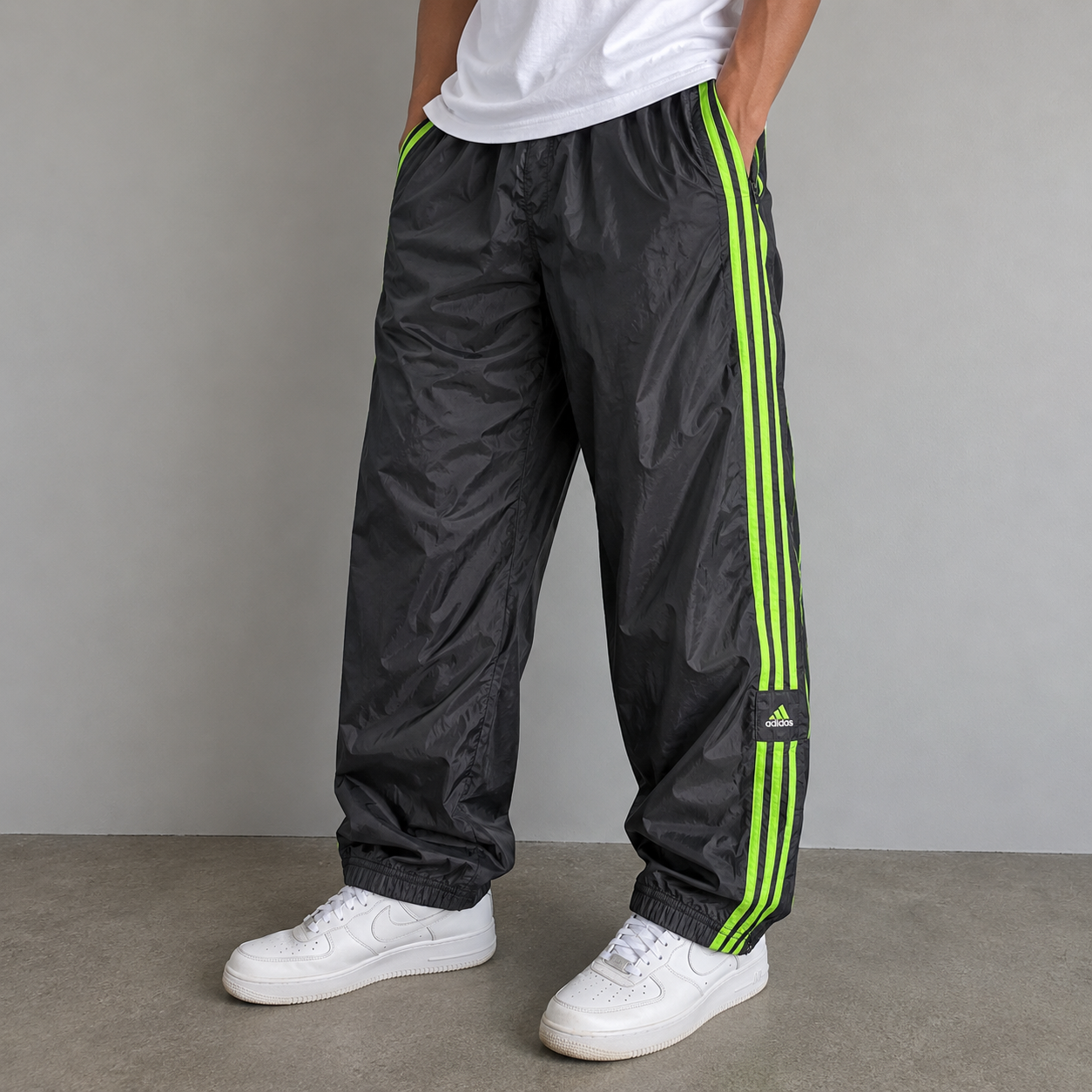 Vintage Y2K Adidas Track Pants Men's L Black Green 3 Stripe Joggers Baggy