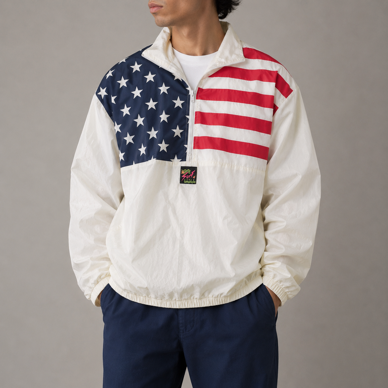 Vintage Surf Style Light 1/4 Zip Jacket Men's XL White American Flag Windbreaker