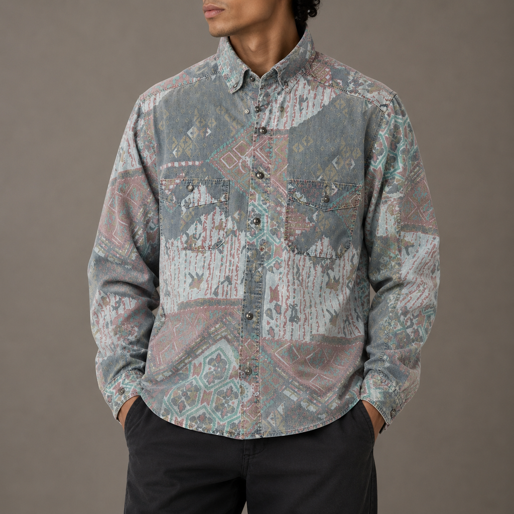 Vintage Abstract Pattern Shirt Men's M English Cotton Button Up