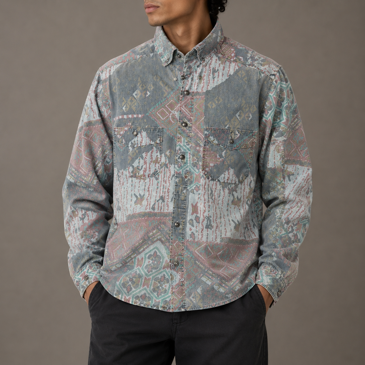 Vintage Abstract Pattern Shirt Men's M English Cotton Button Up