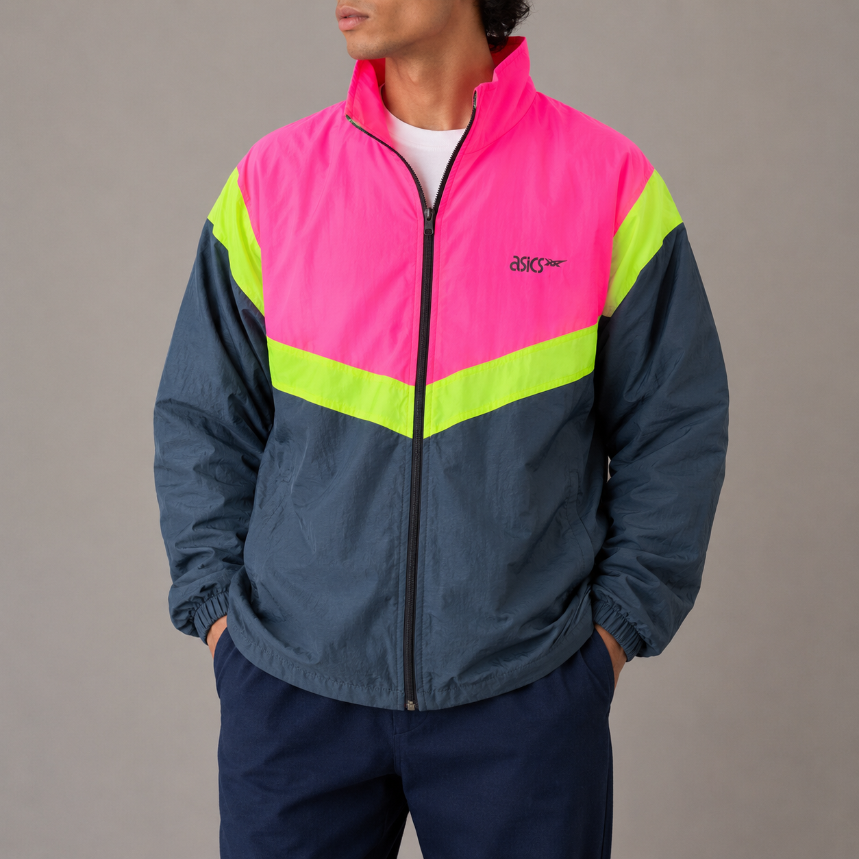 Vintage 90s ASICS Jacket Men's L Fluro Pink Green Blue Retro Windbreaker