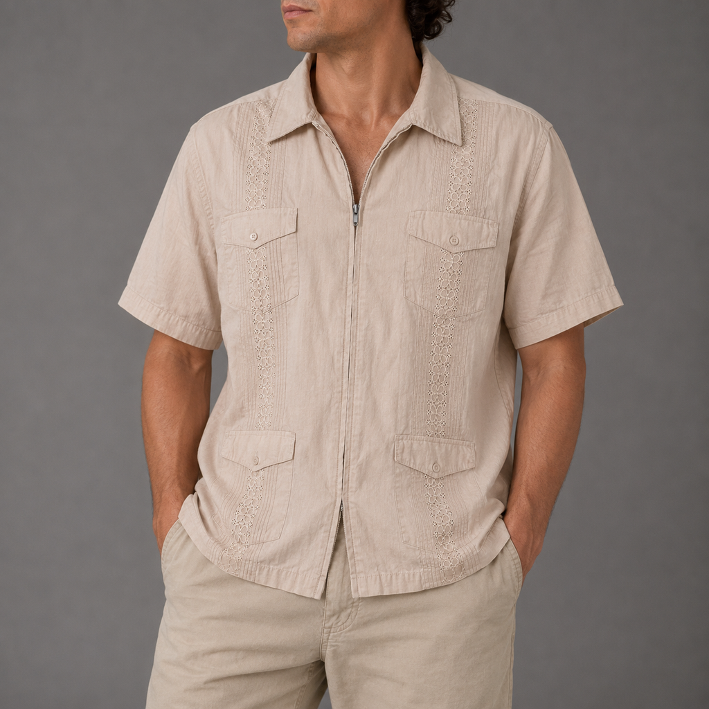 90s Retro Haband Cuban Zip Shirt Men's XL Coral Embroidered Pattern 4 Pocket