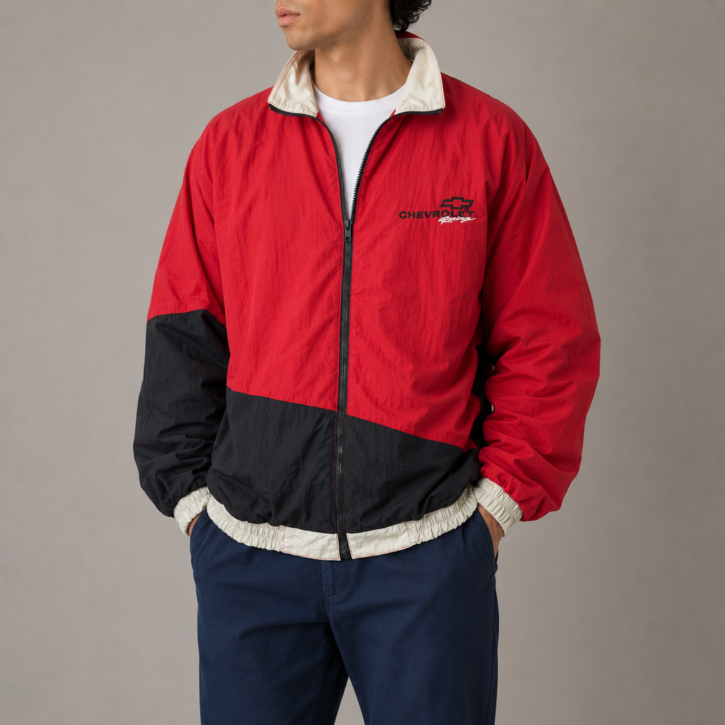 Vintage 90s Chevrolet Jacket Men's M Red Black Racing Windbreaker