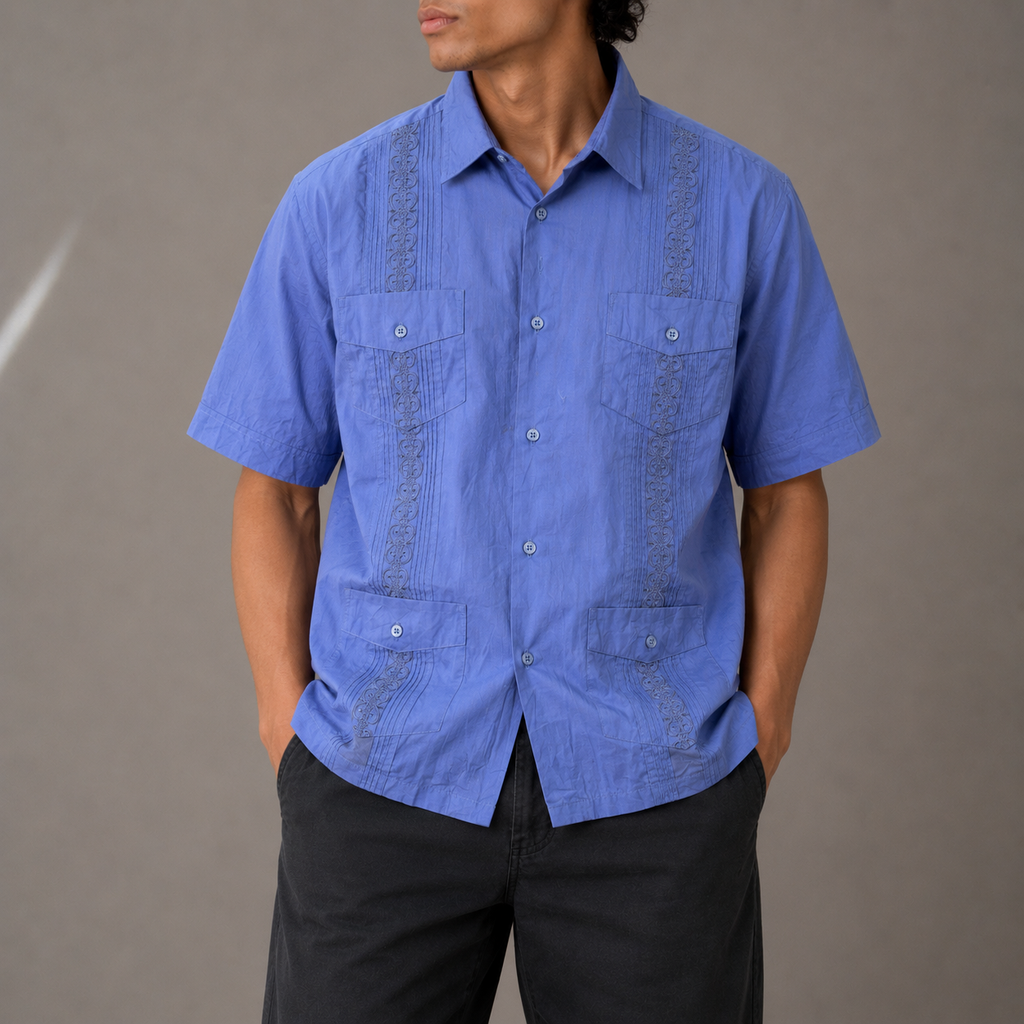 Vintage Cuban Shirt Men's Large Blue Embroidered Pattern 4 Pocket Golf Fit