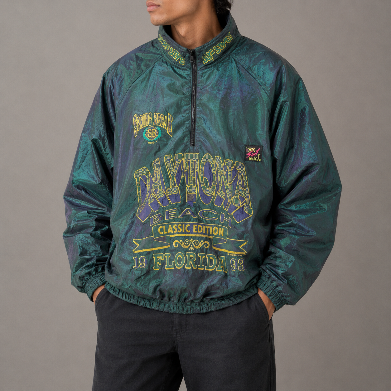 Vintage 90s Surf Style 1/4 Zip Jacket Men's XL Green Iridescent Daytona Windbreaker