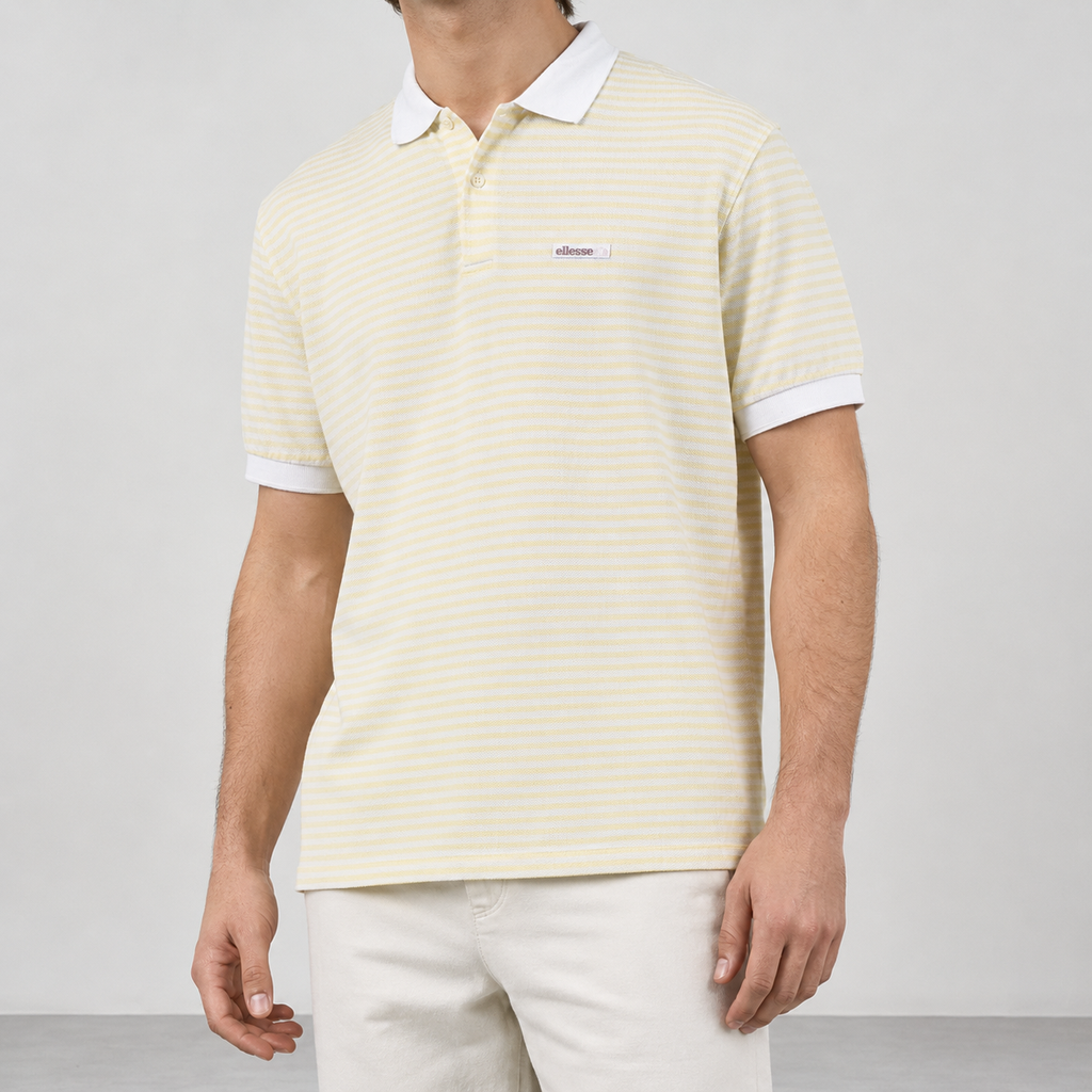 80s Ellesse Polo Shirt Men's Large Yellow White Striped Made in Italy