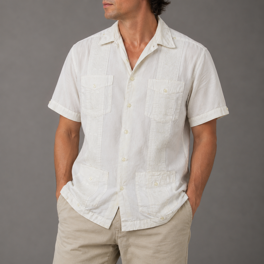 90s Retro Guayaber Cuban Shirt Men's Large White Embroidered Pattern 4 Pocket