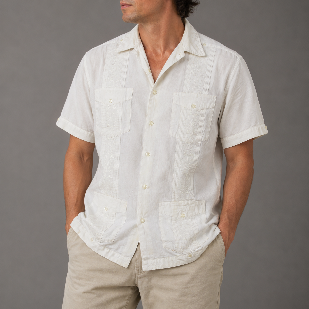 90s Retro Guayaber Cuban Shirt Men's Large White Embroidered Pattern 4 Pocket