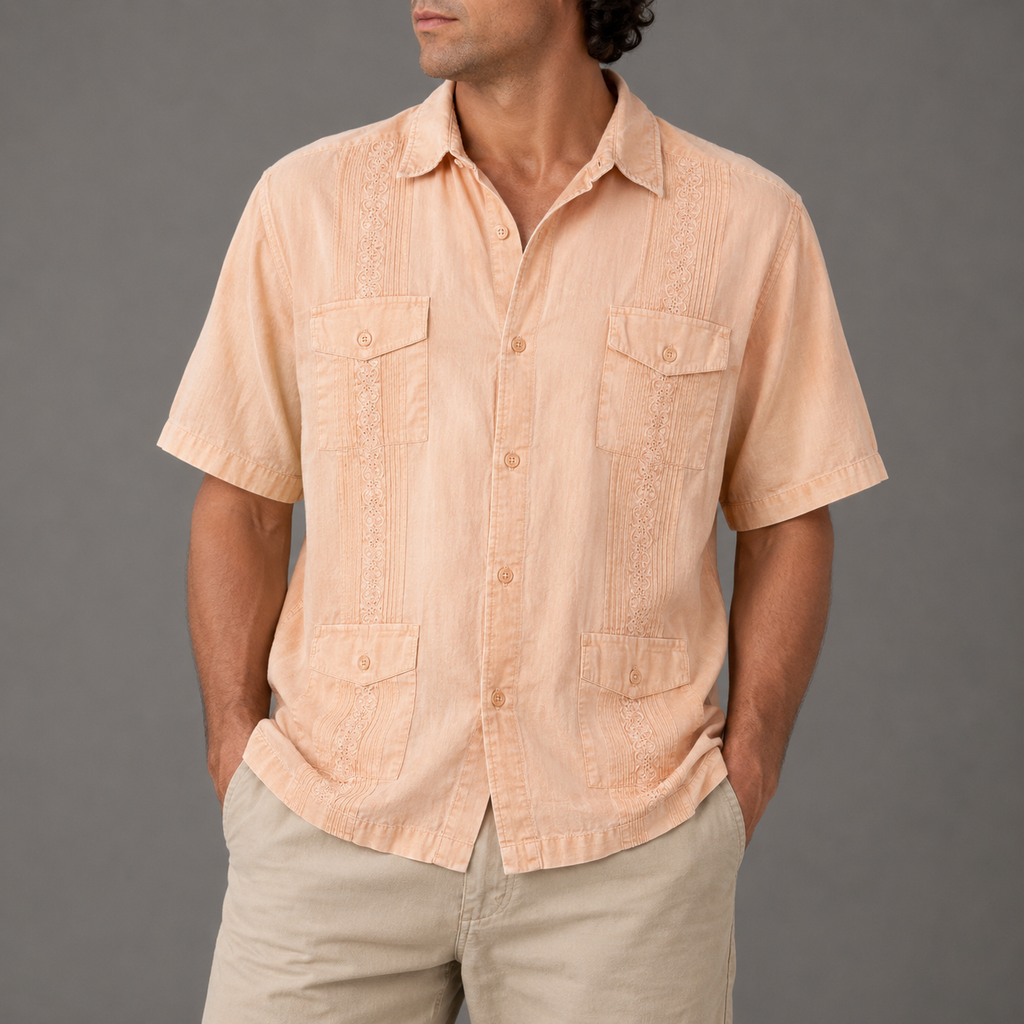 Vintage Cuban Shirt Men's Large Salmon Pink Embroidered Pattern 4 Pocket Leisure wear