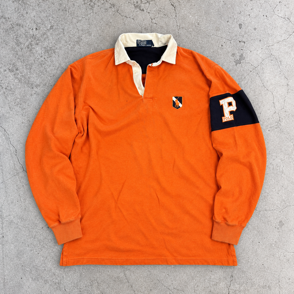 Vintage 90's Ralph Lauren Rugby Polo Men's L Orange Oversized Badge Logo Pony Collared