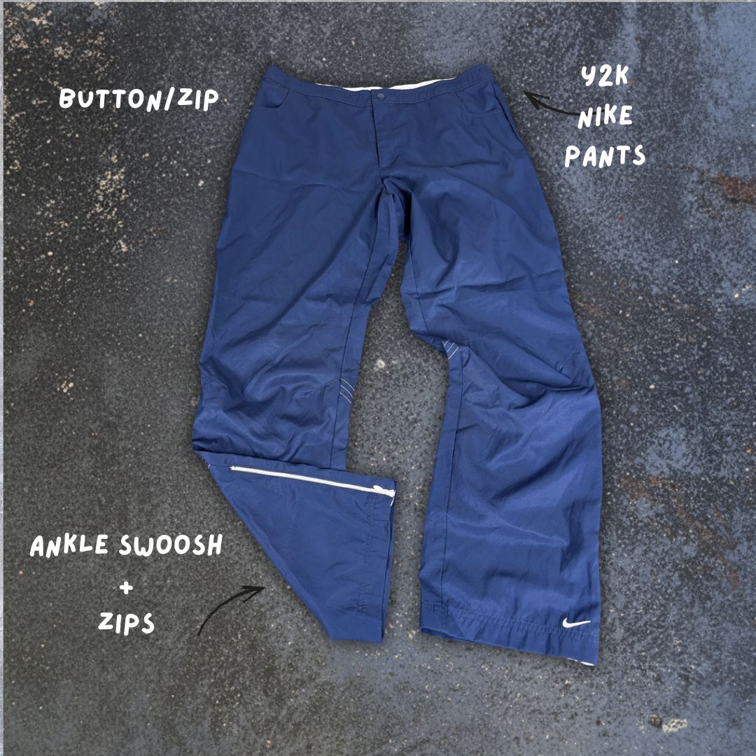 Vintage Nike 2000s Pants Women's M Navy White Wide Leg Ankle Zips