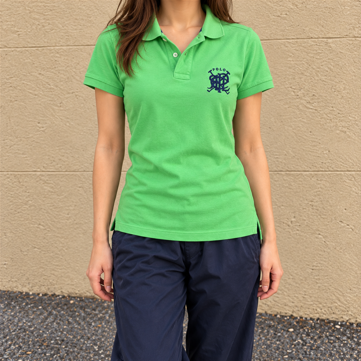 Vintage 90's Polo Ralph Lauren Polo Women's M Green Navy Double Mallet Embroiderd Logo Collared