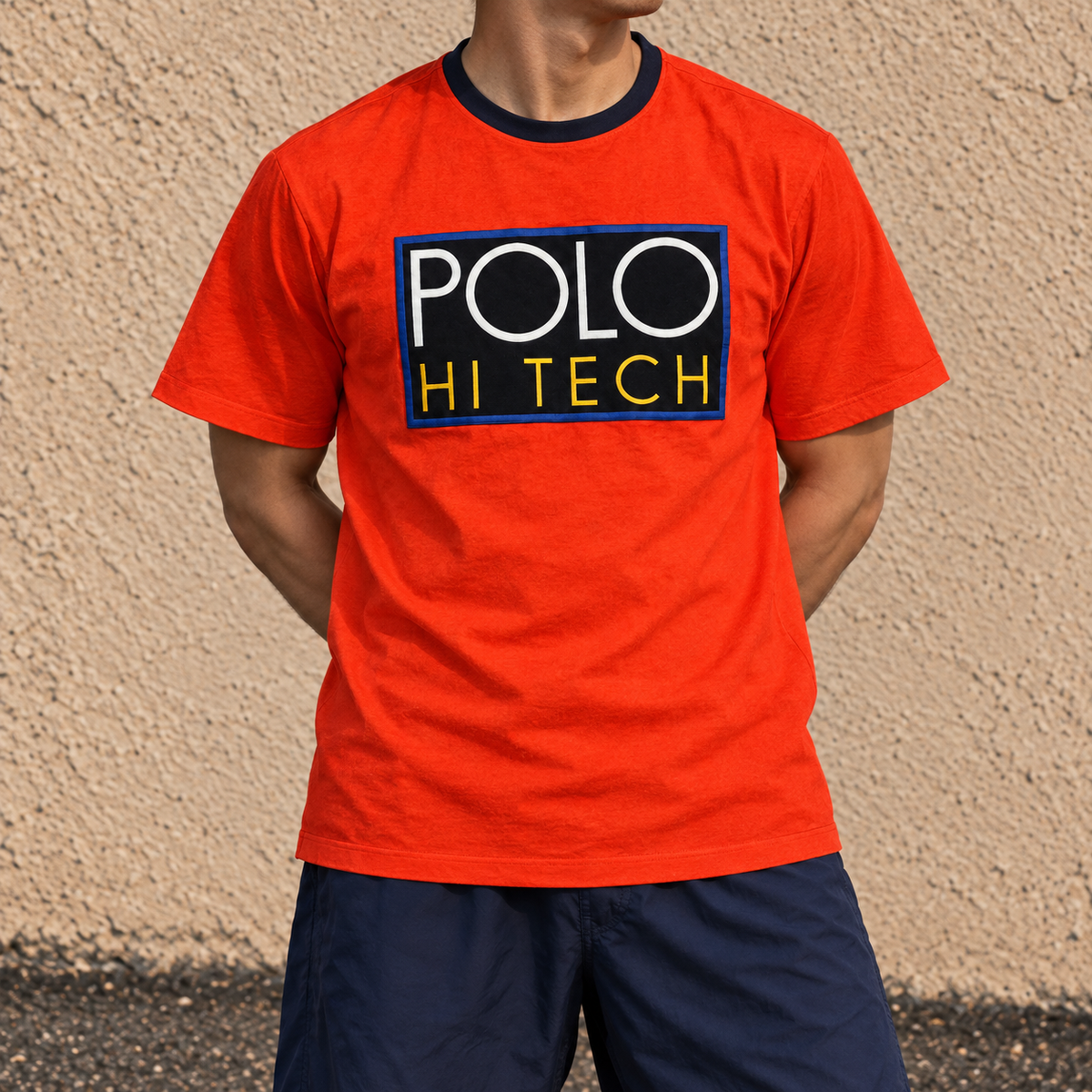 Vintage 90's Polo Ralph Lauren T-shirt Men's M Orange High Tech Single Stitch Ringer Round Neck