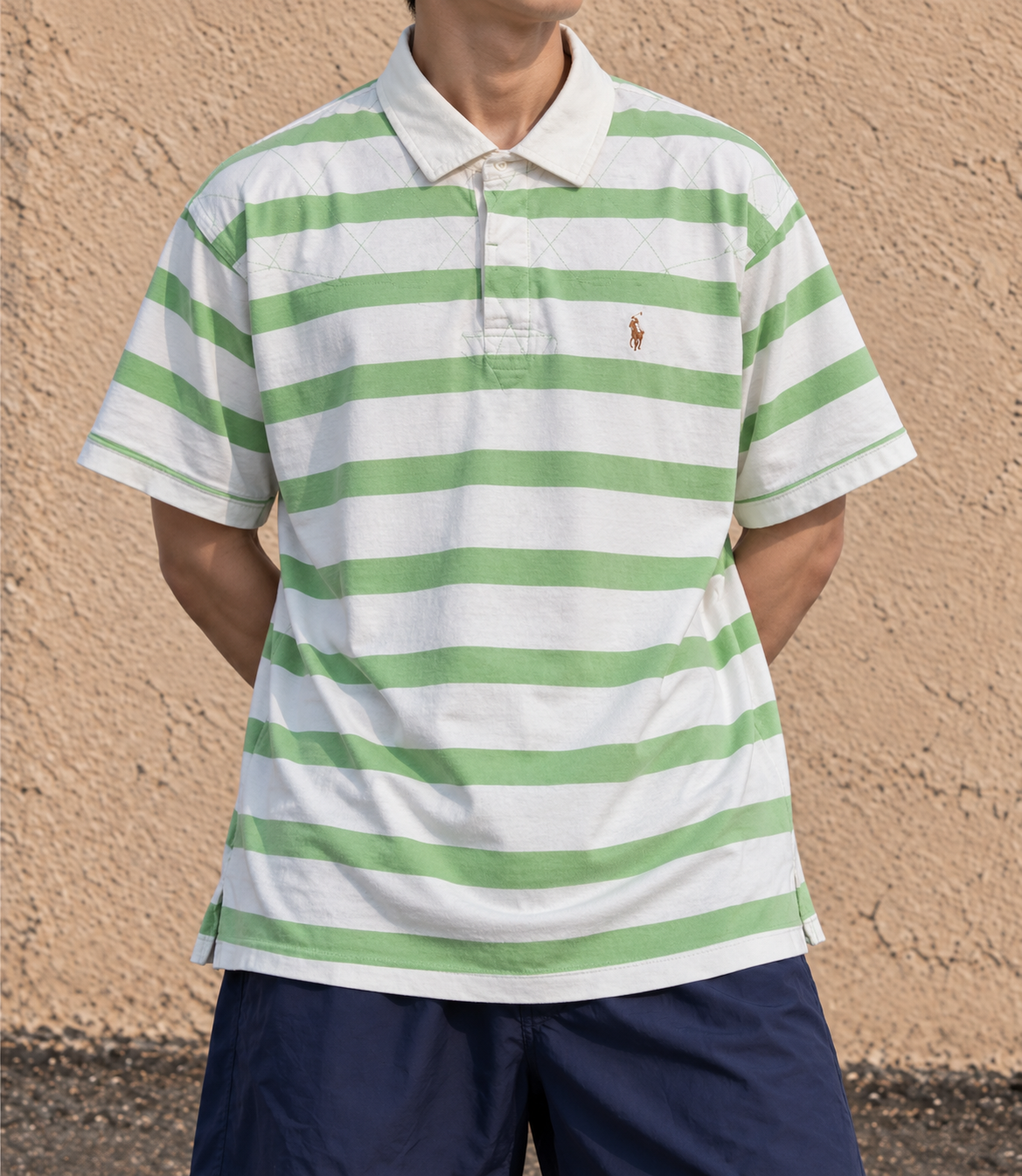 Vintage Men's 90's Ralph Lauren Polo XL Green White Stripe Small Colour Pony Shirt