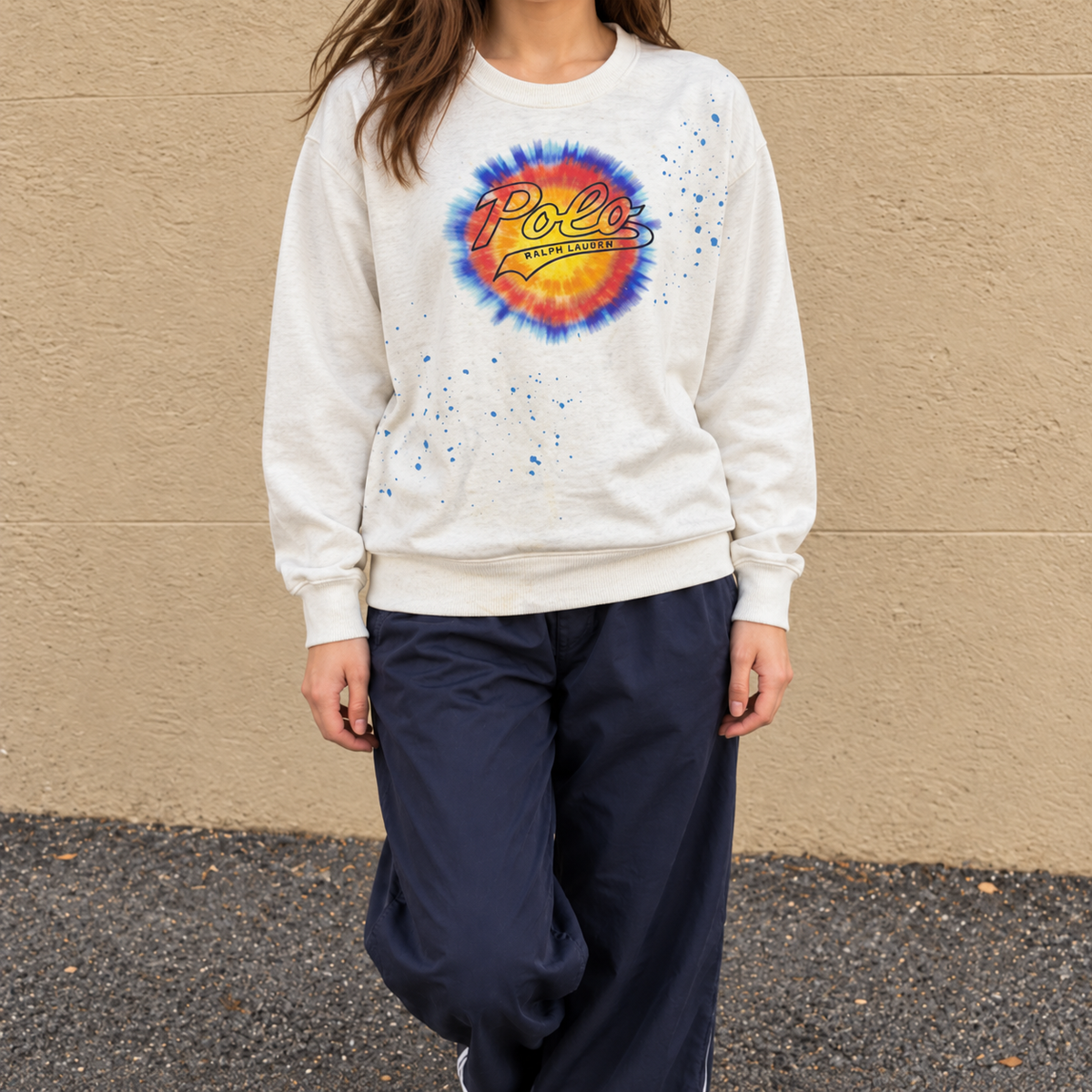Ralph Lauren Jumper Women's M White Tie Dye Spell Out Logo Sweatshirt Crew Neck