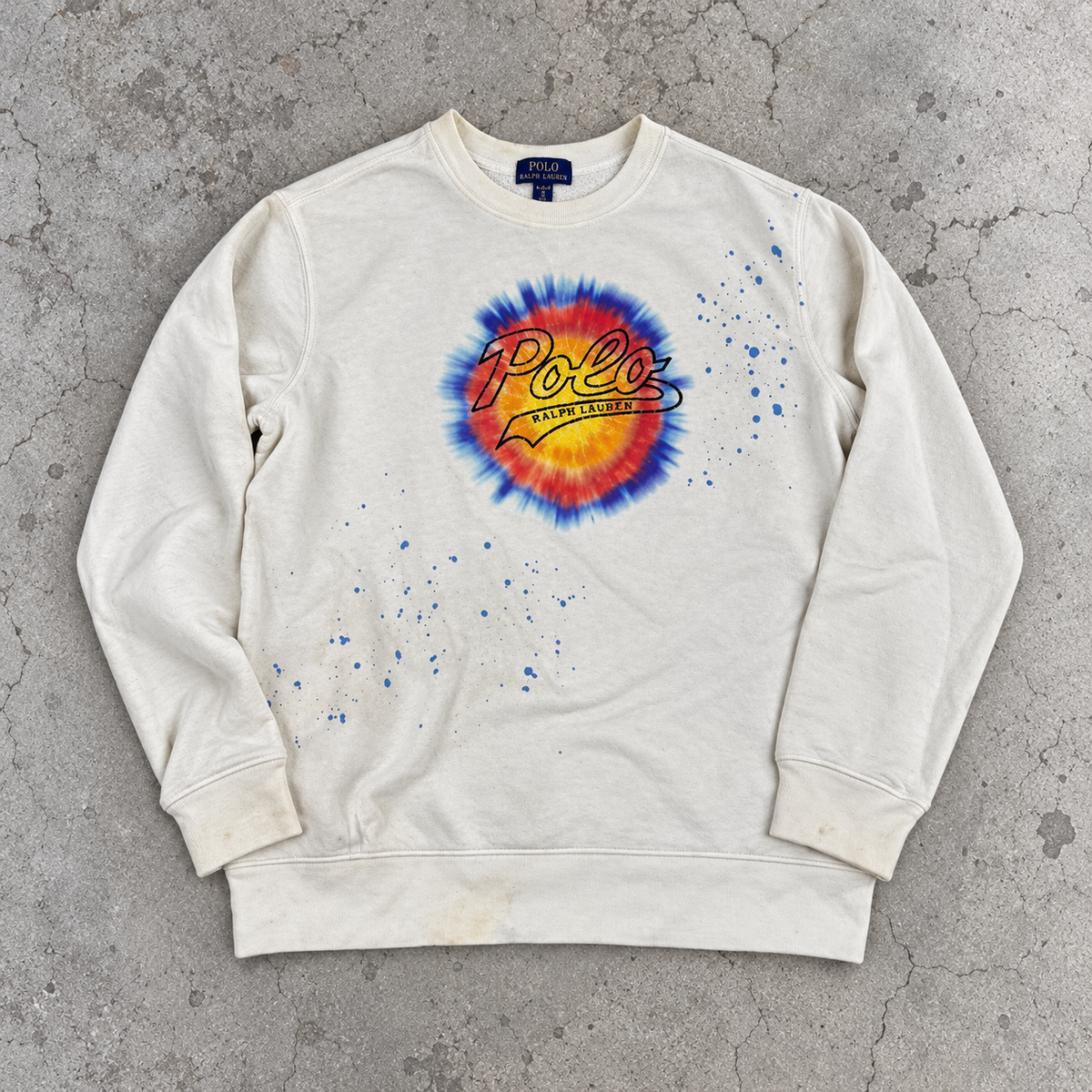 Ralph Lauren Jumper Women's M White Tie Dye Spell Out Logo Sweatshirt Crew Neck