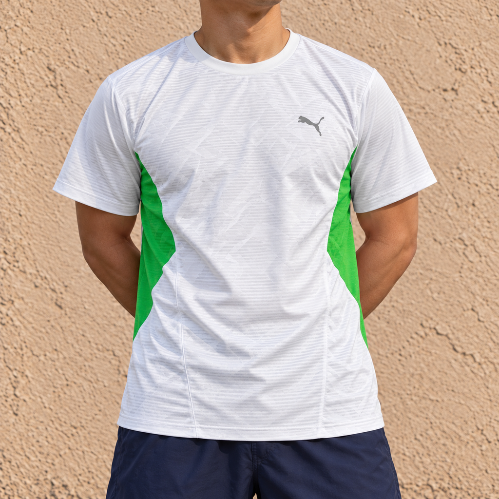 Y2K Puma Cell Running T-shirt Men's Medium White Green Japanese Dead Stock Activewear