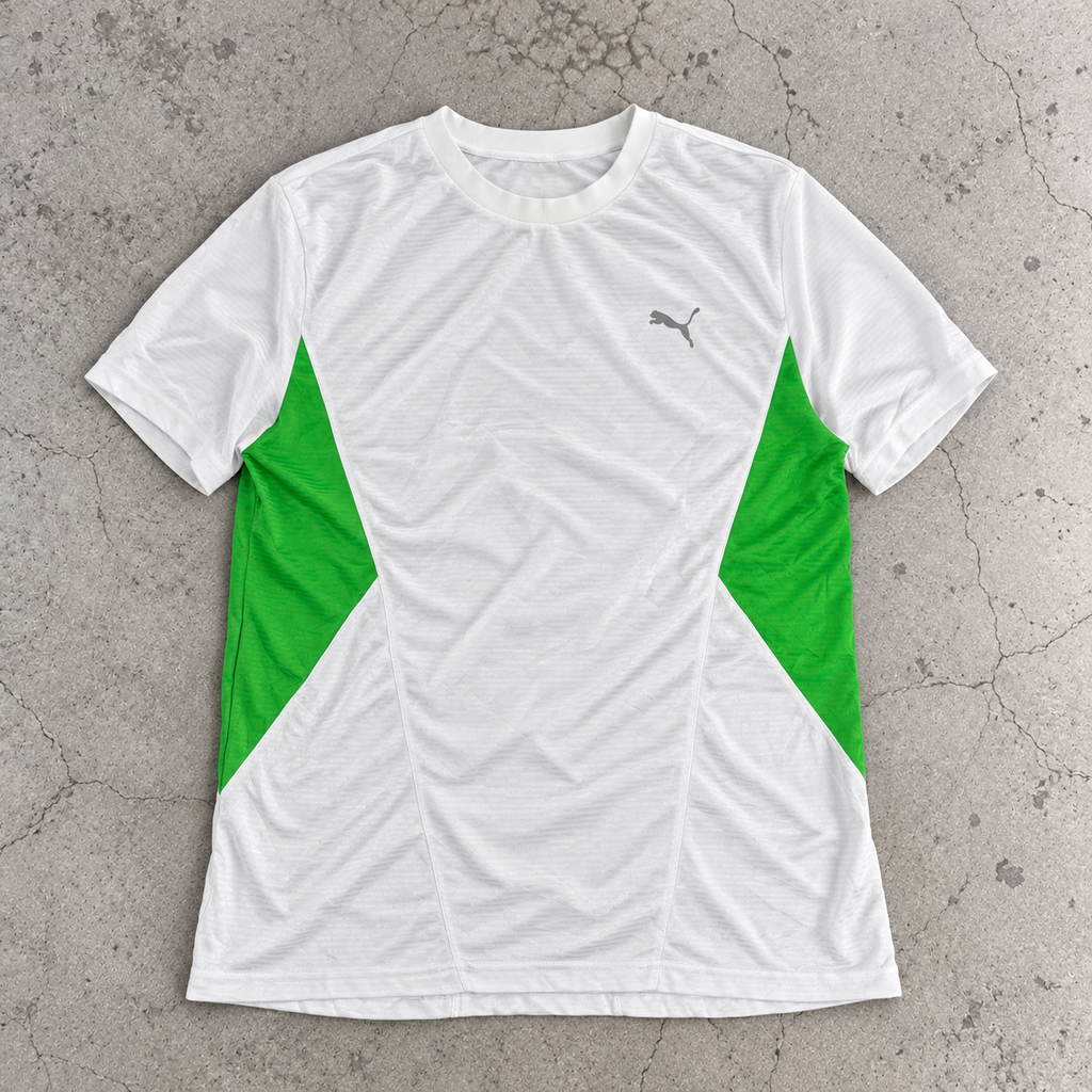 Y2K Puma Cell Running T-shirt Men's Medium White Green Japanese Dead Stock Activewear