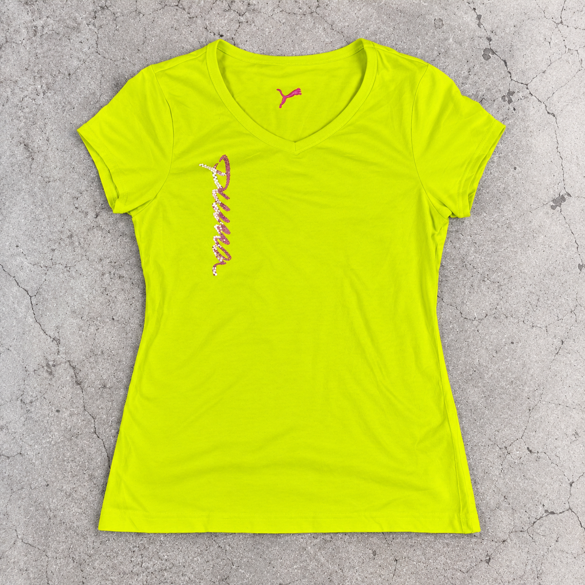 Y2K Puma Sequin Script V-Neck Top Women's XS Lime Green Petite Activewear T-shirt