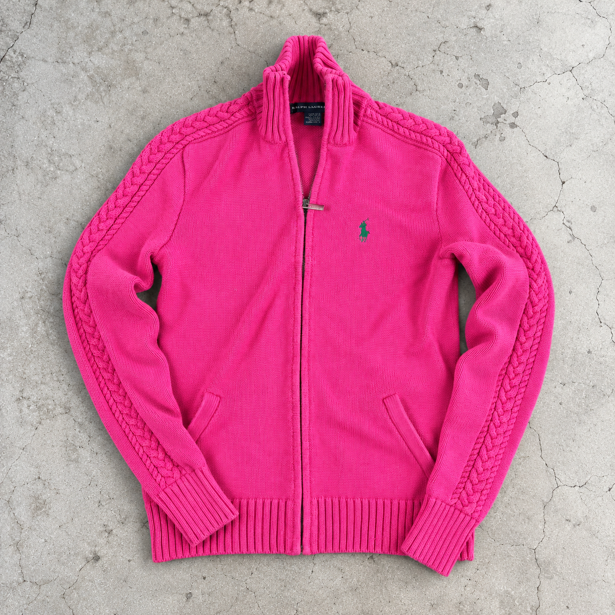 Ralph Lauren Sport Knit Jacket Women's XS Pink Small Pony Cable Detail y2k