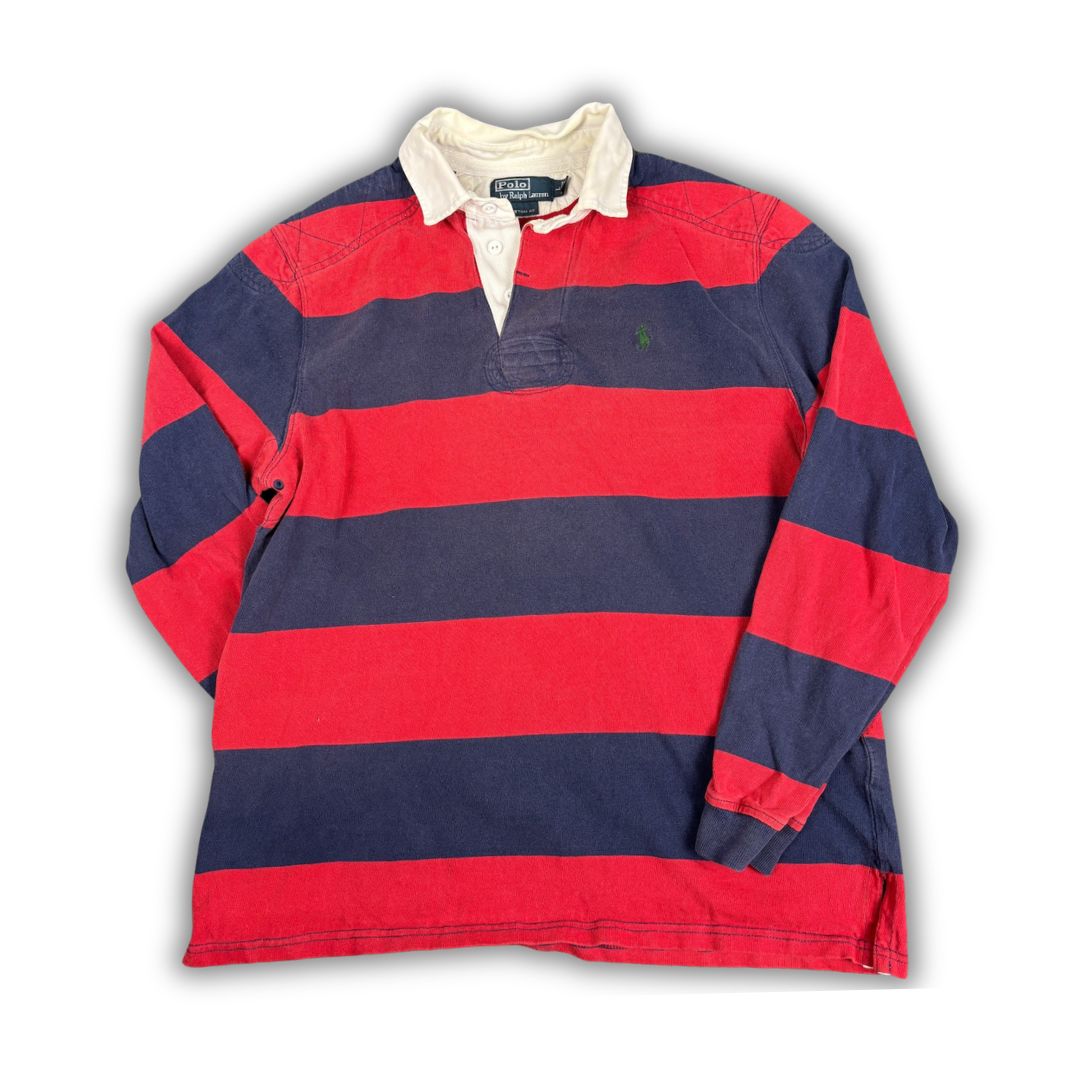 Vintage 90's Ralph Lauren Rugby Polo Men's L Red Blue Striped Green Pony Collared