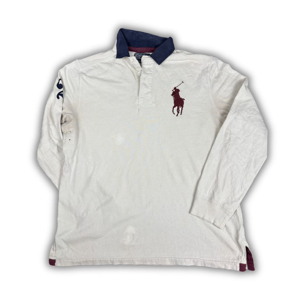 Vintage 90's Ralph Lauren Rugby Polo Men's L White Big Pony 2 Sleeve Neck Collared