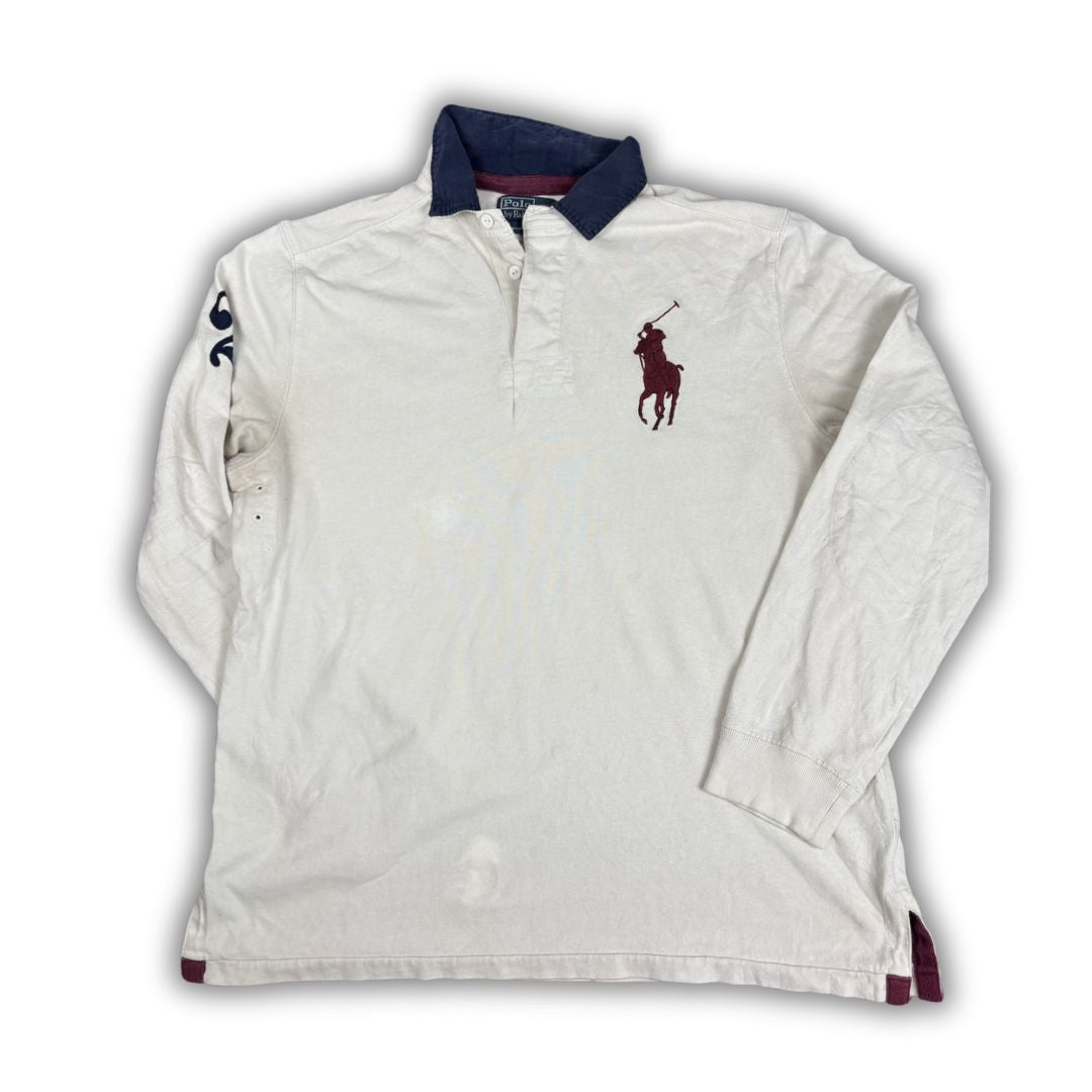 Vintage 90's Ralph Lauren Rugby Polo Men's L White Big Pony 2 Sleeve Neck Collared