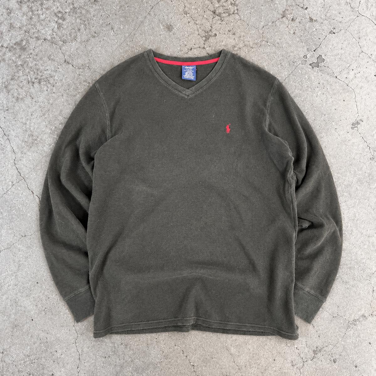 Y2K Polo Ralph Lauren Jumper Men's XL Black Red Pony Waffle Knit Long Sleeve V-Neck