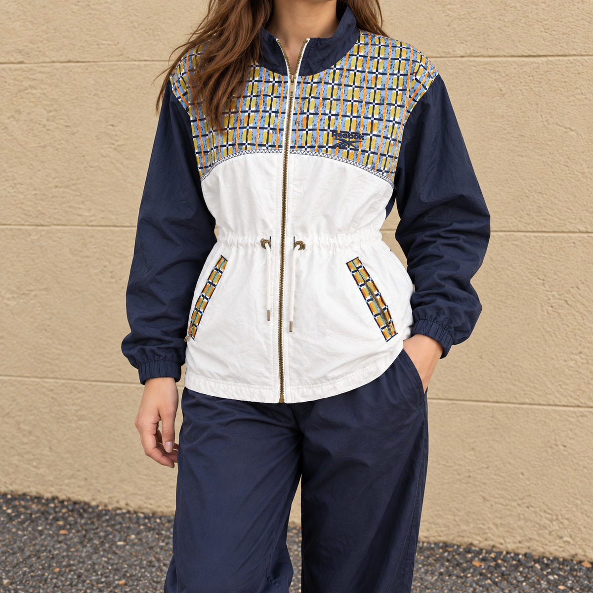 Vintage 90s Reebok Jacket Women's Large Retro Cinch Waist Windbreaker Full Zip