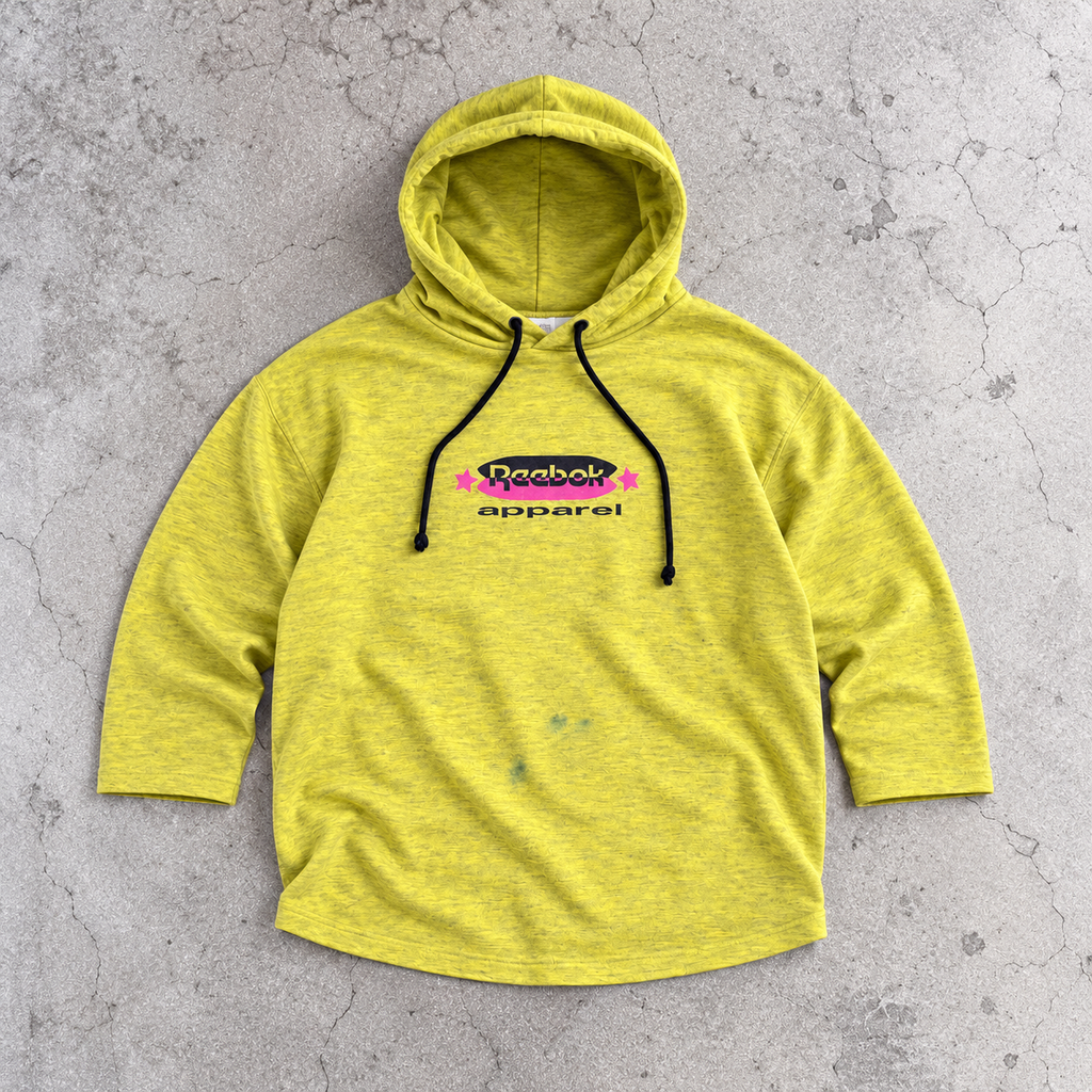 Vintage 80s Reebok Hoodie Men's Large Yellow Retro Logo Spell Out 3/4 Sleeve