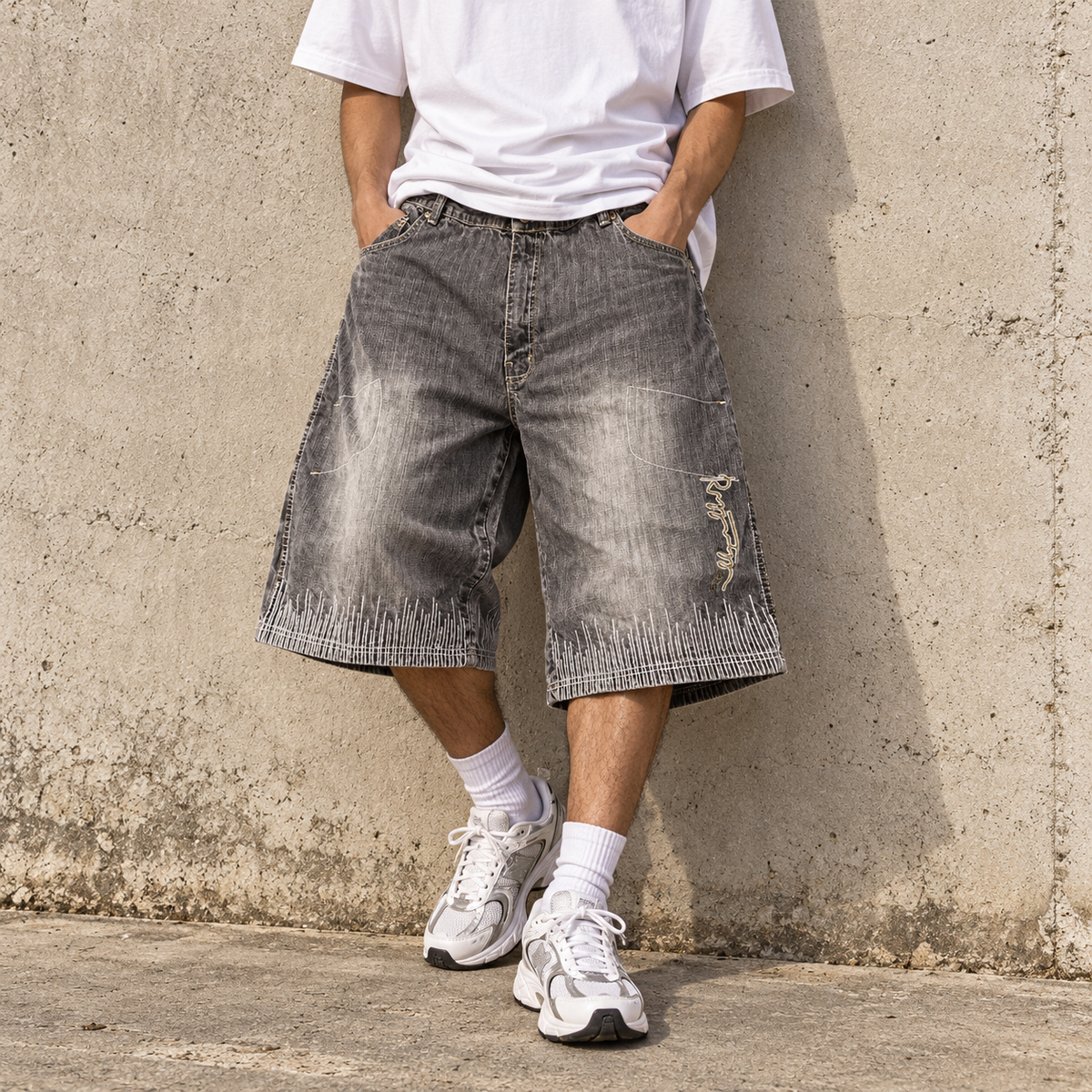 Vintage 90s Ruff N Tuff Denim Shorts Men’s 42 Grey Wide Leg Hip Hop Baggy Embroidered