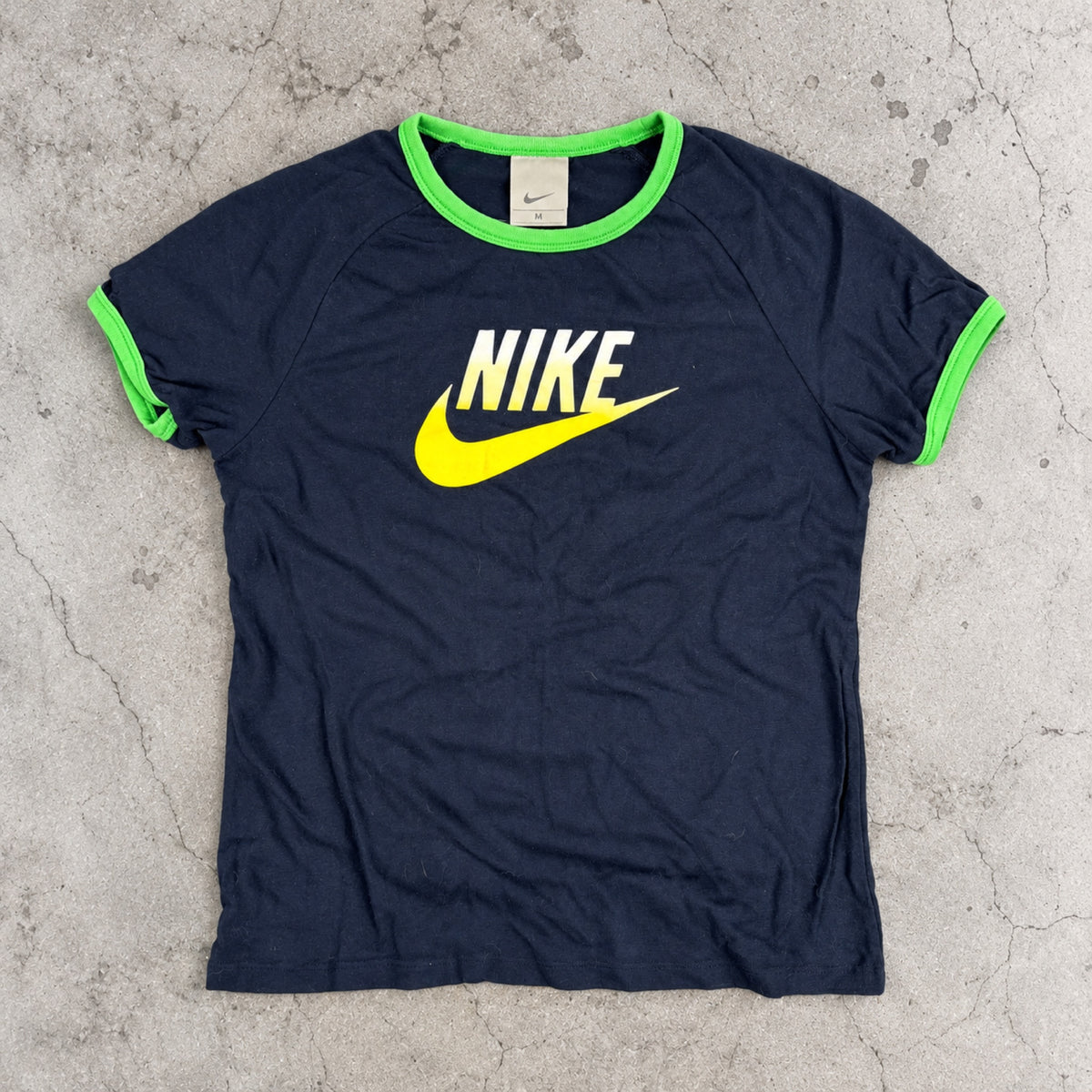Y2K Nike Ringer Baby Tee Navy Lime Yellow Swoosh Petite photo 2