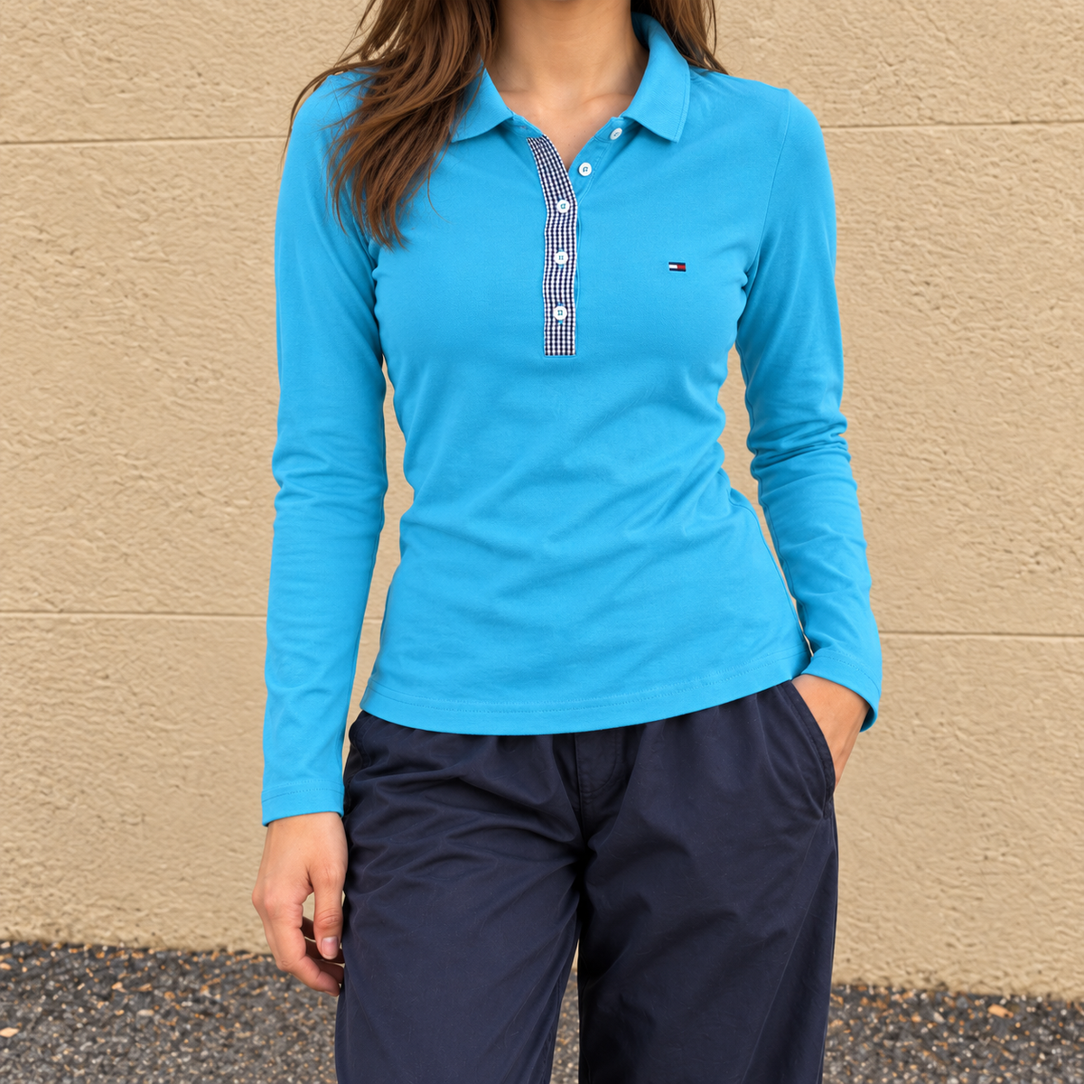 Tommy Hilfiger Long Sleeve Polo Shirt Women's Small Blue 4 Button Petite Top