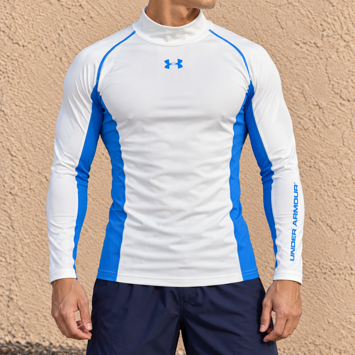 Y2K Under Armour Mock Neck Compression Top Men's Small White Blue Activewear